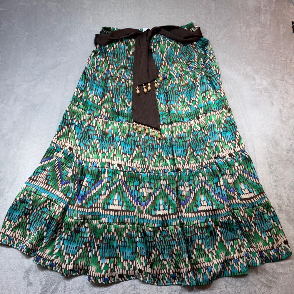 Vintage Y2K Boho Peasant Artsy Tiered Maxi Skirt  M Teal Green Brown Beaded Boho
